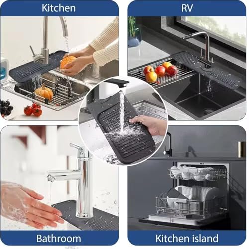 24 inch Faucet Mat for Kitchen Sink Splash Guard, 7° Slope Silicone Sink Water Splash Guard for Kitchen Sink Area with Snap Button, Longer Sink Protectors for kitchen Sink Sponge Holder, (Black )