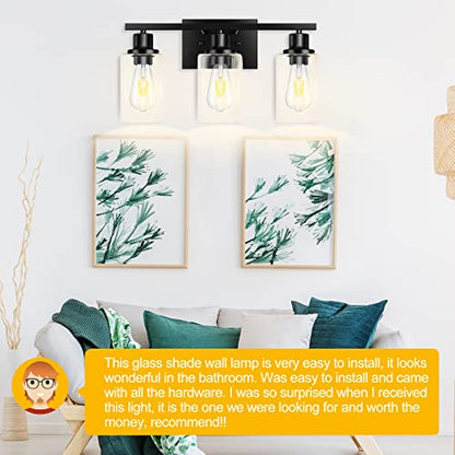 3-Light Vanity Light, Matte Black Bathroom Lighting Fixtures Over Mirror, Modern Metal Wall Lights for Hallway Kitchen Bedroom Living Room | Wall Sconce Light Fixture with Clear Glass Shade Matte Black Modern Metal Wall Lights for Hallway Kitchen Bedroom