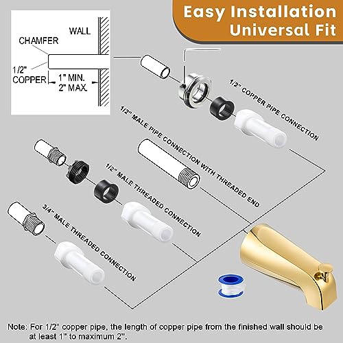 Dreyoo Tub Spout, Tub Faucet for Bathtub (Polished Brass,Simple) | Bathroom Bathtub Faucet with Adapters, Hex Wrench, Universal Faucet for Bathtub Fits 1/2" Copper Pipe, 1/2" IPS and 3/6" IPS - color: Polished Brass, style: Simple