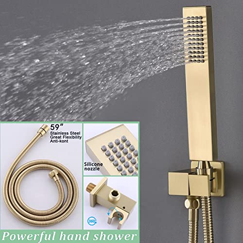 Brushed Gold Shower System with 16 X 24inch Large Triple Function Rain Waterfall Mist Shower Head, Ceiling Shower Faucet Fixtures Set with Thermostatic Shower Valve and 6PCS Shower Body Jets - color: Brushed Gold