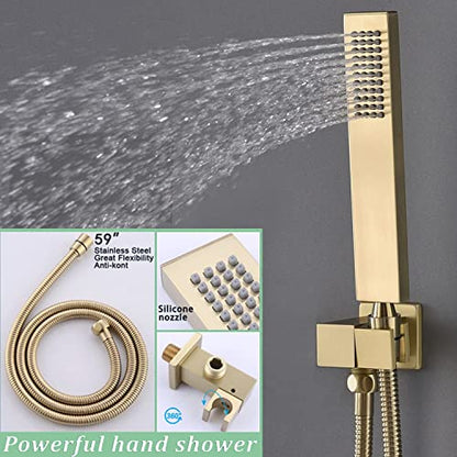 Brushed Gold Shower System with 16 X 24inch Large Triple Function Rain Waterfall Mist Shower Head, Ceiling Shower Faucet Fixtures Set with Thermostatic Shower Valve and 6PCS Shower Body Jets - color: Brushed Gold