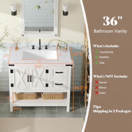 AMERLIFE 36" White Farmhouse Bathroom Vanity with Sink and 2 Drawers | Antique White, Single Solid White Integrated Top, Moisture-Resistant MDF, 2 X-Panel Door, 2 Drawer, Open Shelf, Towel Holder - color: Antique White, size: 36”