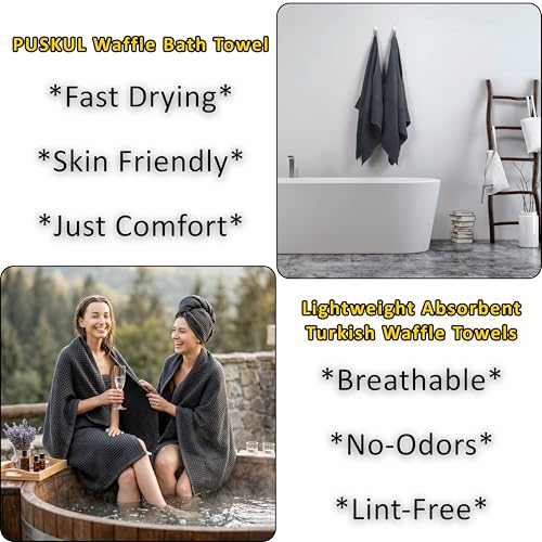 PÜSKÜL 2-Piece Natural 100% Turkish Cotton Waffle Bath Towels Extra-Large | Dark Gray, 32x63" Bath Sheet Towel, Light Soft Absorbent Quick-Dry Lint-Free Premium Honeycomb Weave Oeko-Tex Made in Turkiye - color: Anthracite Dark Gray, size: Bath Towels - Pa