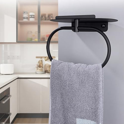 Towel Ring with Shelf, Heavy Duty Stainless Steel Bathroom Hardware, Adhesive No-Drill or Drill Mount Wall Mounted Towel Holder for Bathroom and Kitchen (Black) - color: Black