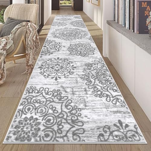 HEBE Hallway Runner Rug 2'8''x12', Washable Non Slip Kitchen Rug Runner | Soft Boho Bedroom Runner Rug, Vintage Distressed Low-Pile Floor Carpet Runners for Hallway, Entrance, Bathroom, Laundry - color: Grey, size: 2'8" x 12' (Rectangular)