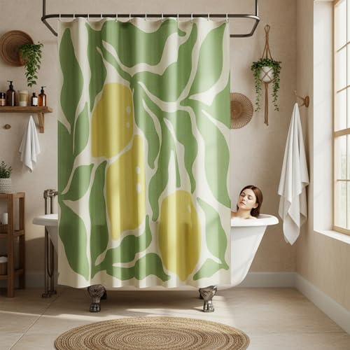 Yellow Lemon and Green Leaves Linen Shower Curtain Set with Liner | Double Layer Shower Curtain Waterproof Fabric with Zippered Removable PEVA Liner,Boho Shower Curtain for Bathroom,Free Hooks - color: Citrus