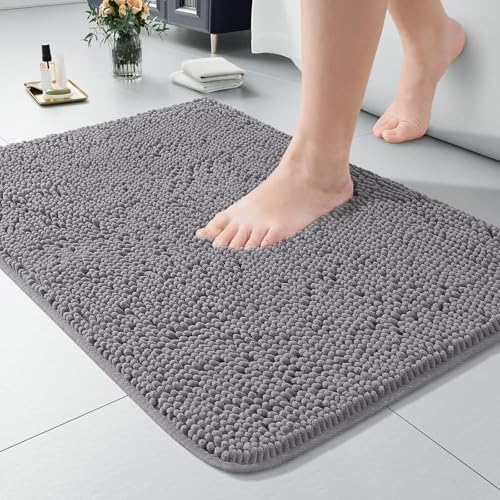 LOCHAS Luxury Bathroom Rug Shaggy Bath Mat 24 x 36 Inch, Gray | Washable Non Slip Bath Rugs for Bathroom Shower, Soft Plush Chenille Absorbent Carpets - color: Grey, size: 2' X 3' (24''x36'')
