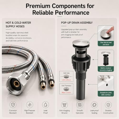 VOTON Waterfall Bathroom Faucet, Brushed Nickel 1-Hole with Deck & Drain | | SUS304 Stainless Steel | Rust-Resistant | Waterfall Flow - color: Brushed Nickel, size: Short