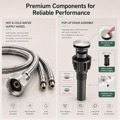 VOTON Waterfall Bathroom Faucet, Brushed Nickel 1-Hole with Deck & Drain | | SUS304 Stainless Steel | Rust-Resistant | Waterfall Flow - color: Brushed Nickel, size: Short