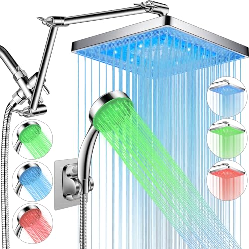 LED Shower Head, 8'' LED Rainfall Shower Head with 16'' Extension Arm | High Pressure Handheld Spray with LED Color Changing Based on Water Temperature,Easy Installation - color: Chrome, size: 8'' Dual LED Showerhead Set
