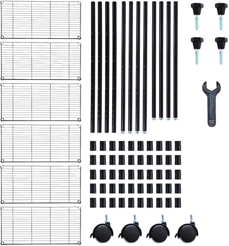 Simple Deluxe Heavy Duty 6-Shelf Shelving, 29.92'' D x 13.98'' W x 71.65'' H Adjustable Wire Shelving with Hanging Hooks and Wheels, Black - color: Black, size: 6-Tier