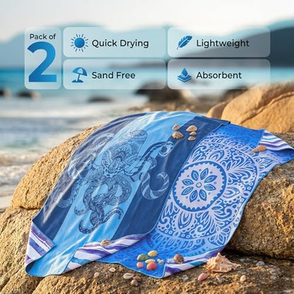 Utopia Towels Thin Microfiber Beach Towel with Travel Bag, 32x71 in (Octupus, Ocean Mandala) - color: Octopus & Ocean Mandala