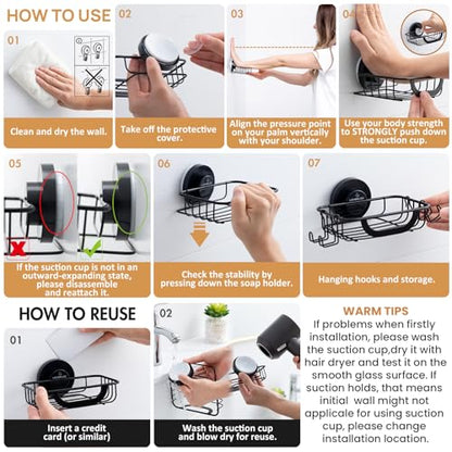 Soap Holder, Soap Dish for Shower, Suction Cup Bar Soap Holder | Soap Bar Holder for Shower, Wall Mounted Self Draining, NO Drill Sponge Holder for Bathroom, Bathtub Kitchen Sink, Blcak - style: 1 tier Black