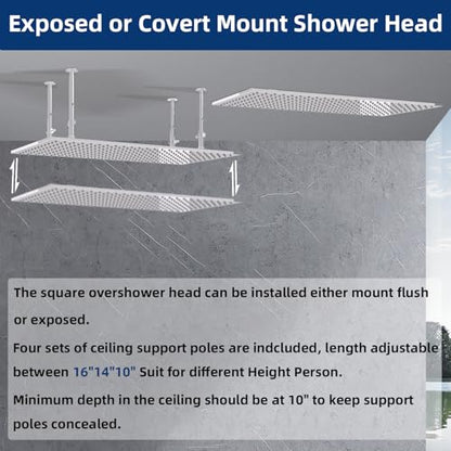 Dual Shower Heads System 16"x32" Ceiling Mount Rainfall and 6" Wall Mounted Shower Heads with 6 body Jets Thermostatic Shower Valve Full Body Shower System,Polished Chrome - color: Polished Chrome