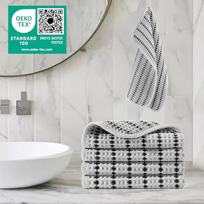 POLYTE 430 GSM Microfiber Lint Free Washcloth Face Towel, 13 x 13 in, 4 Pack (Waffle Weave) - color: Light Gray/Black