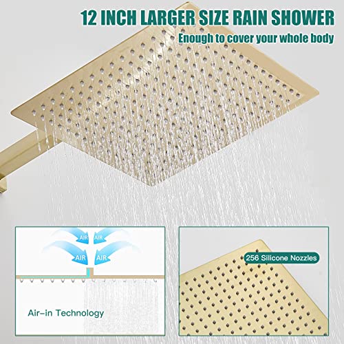 Hoimpro Brushed Gold Rain Shower Head System Faucet Set Handheld Spray | High Pressure 12 Inch Bathroom Rainfall Shower Head,2-in-1 Handheld Showerhead Combo, Shower Faucet Valve with Trim Kit - color: Brushed Gold