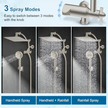 Hibbent Metal 10" High Pressure Rain Shower Head Combo, Brushed Nickel | cUPC Certified Rainfall Shower Head with handheld 10 Sprays, 16'' Adjustable Extension Arm, 71'' Hose, Showerhead Holder - color: Brushed Nickel, style: Square 10''
