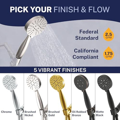 HammerHead Showers® Solid METAL 3-Spray Hand Held Shower Head, Brushed Nickel | Select from Wide, Massage, and Mist Sprays | 1.75 GPM Low Flow Handheld Showerhead | Made from 304 Stainless Steel - color: Brushed Nickel, size: 1.75 GPM