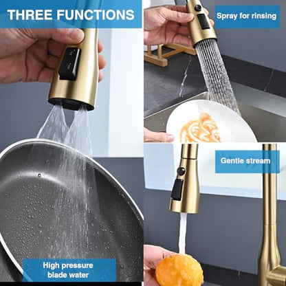 Metal Kitchen Faucet Head Replacement, 3 Functions Kitchen Faucet Head High Pressure, Brushed Gold Pull Down Kitchen Sink Sprayer Replacement with 9 Adapters Compatible with Most Faucets - color: ‎Brushed Gold