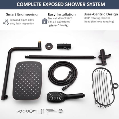 SonTiy Retrofit Rain Shower System Wall Mount, Oil Rubbed Bronze 12 Inch Rain Shower Head with Handheld Jet Spray with Slide Bar, Shower Caddy & Solid Brass Rail for Tall People - color: Oil Rubbed Bronze, style: 1.8 Gallons Per Minute-Square