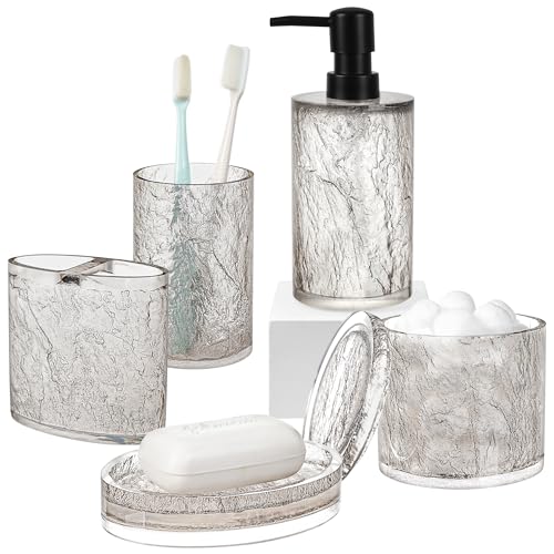 RQYIXI Resin 5-Piece Bath Accessories Set, Silver Crackle, Cotton Swab Jar | bathroom accessories set clear resin silver ice crackle texture shatterproof unbreakable modern countertop organization - size: 5pcs