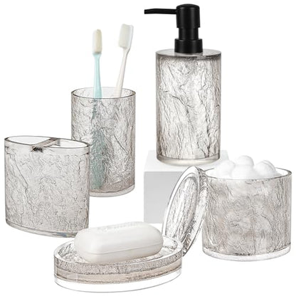 RQYIXI Resin 5-Piece Bath Accessories Set, Silver Crackle, Cotton Swab Jar | bathroom accessories set clear resin silver ice crackle texture shatterproof unbreakable modern countertop organization - size: 5pcs