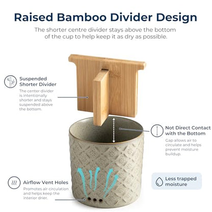 Zoeeker Toothbrush Holders for Bathroom with Drain Holes and Bamboo Divider | Ceramic Toothbrush and Toothpaste Holder, Detachable 3 Slots Electric Tooth Brush Cup Countertop Organizer for Family, Green - color: A-green