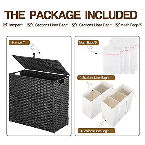 Greenstell Laundry Hamper with Lid, 125L Large Clothes Hamper with 3 Section & 2 Section Removable Liner Bags & 5 Mesh Laundry Bags, Handwoven Synthetic Rattan Divided Laundry Basket, Black - color: Black
