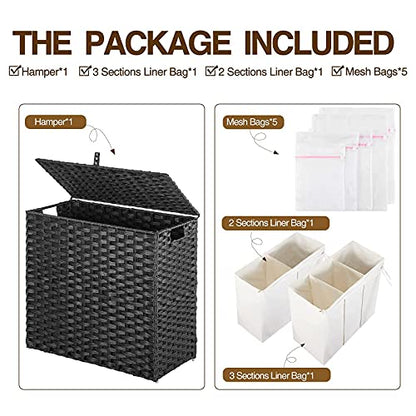 Greenstell Laundry Hamper with Lid, 125L Large Clothes Hamper with 3 Section & 2 Section Removable Liner Bags & 5 Mesh Laundry Bags, Handwoven Synthetic Rattan Divided Laundry Basket, Black - color: Black
