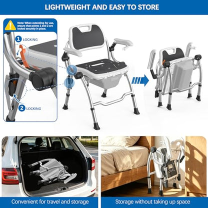 3 in 1 Folding Bedside Commode Chair,No-Assembly Foldable Shower Chair for Inside Shower with Arms and Back,Portable Toilet for Adults Elderly,Adjustable Height Raised Toilet Seat with Handles