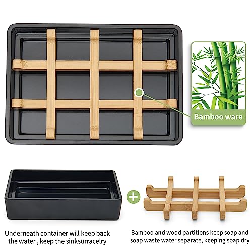 Bamboo Soap Dishes for Shower with Drainage Wooden Soap Bar Holder for Bathroom Soap Tray Easy to Clean, Durable and with Non-Slip Pads(Single Black Square) - color: Single Black Square