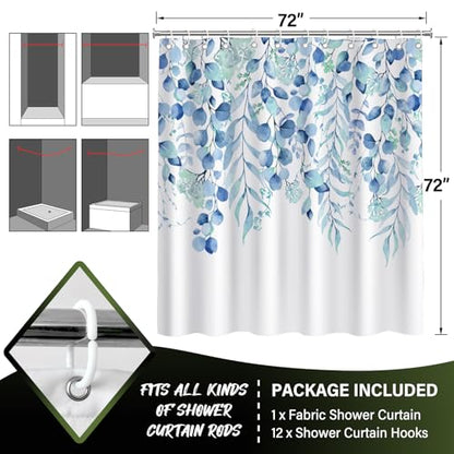 KAIRA Fresh Style Blue Eucalyptus Shower Curtain, Watercolor Plant Leaves with Floral Bathroom Shower Curtain,72 x 72 Inches, Easy to Clean Waterproof Polyester Fabric Includes 12 Hooks - color: Blue
