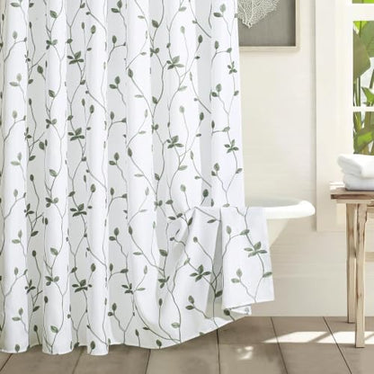 Embroidered Leaf Farmhouse Shower Curtain,Faux Linen,72x72,White Sage Green | Boho Modern Shower Curtain Set, Washable & Waterproof Fabric, Floral Shower Curtains for Bathroom with Hooks - color: White Sage Green