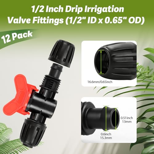 12 Pack 1/2 Inch Drip Irrigation Valve Fittings (1/2" ID x 0.6-0.65" OD), 1/2'' Dripline Barbed Shut Off Valve Connectors with Anti-Drop Lock Nuts for Garden Lawn Irrigation System Connection - size: 1/2" Nut Valve-12P