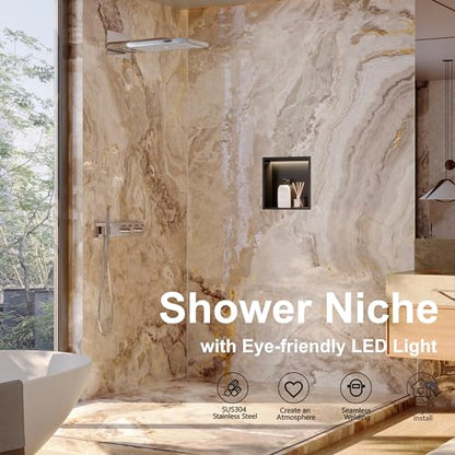 Qeke 12" X 12" Stainless Steel Shower Niche w/ 3 CCT Dimmable Light, Black | No Tile Needed Wall Niche, Recessed Niche w/ Light(3000K/4000K/6000K), IP66 Waterproof, Space Saving & Durable - color: Matte Black, size: 12" X 12"