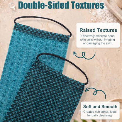 Chumia 3 Pcs Dual-Textured Exfoliating Washcloth Towel 35.4'' Body Back Scrubber with Handle Japanese Exfoliating Shower Towel Exfoliator Exfoliate Loofah Luffa Sponge for Women Men Bath, Colorful - color: Charcoal Green, Blue, Black