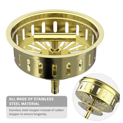KONE 3-1/2 Inch Kitchen Sink Drain Assembly Stainless Steel Gold Kit with Strainer Basket/Rubber Stopper, Rustproof Durable Gold Finish Replacement for Standard Commercial Sink Drains - color: Gold