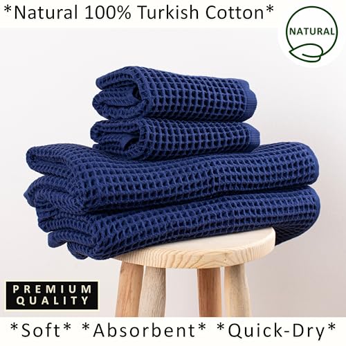 PÜSKÜL Natural 100% Turkish Cotton Waffle Towels Set of 4-Piece, Navy Blue | 2-Bath sheet (Extra-large 32x63") and 2-Hand towel (Large 32x16"). Premium honeycomb-waffle weave, oeko-tex made in Turkiye. - color: Navy Blue