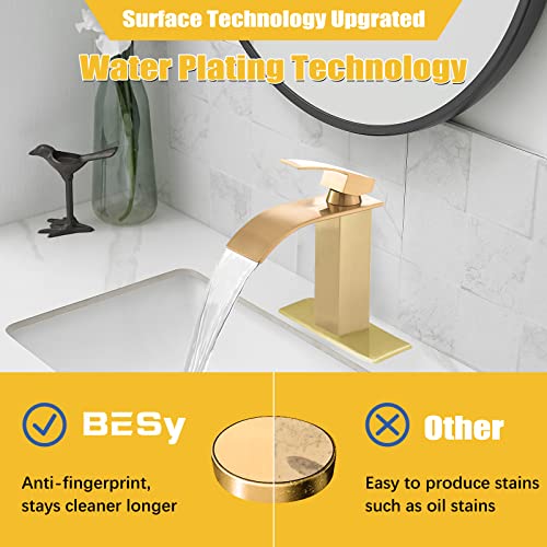 Waterfall Spout Bathroom Faucet, Single Handle Bathroom Sink Faucets, Rv Vessel Faucet Basin Mixer Tap with Deck Plate, cUPC Waterlines, Brushed Gold - color: Brushed Gold, style: Short - Without Pop Up Drain