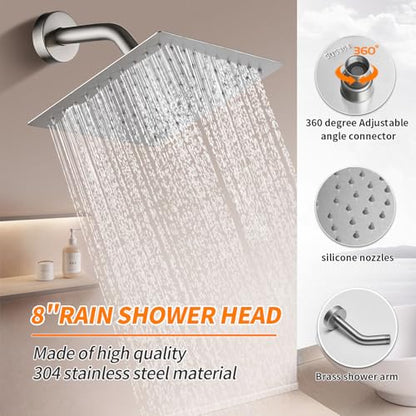 Brushed Nickel Shower Faucet Single Function Trim Kit with Rough-in Valve Set Bath Rainfall Shower System 8inch Square Stainless Steel Metal Shower Head - color: Brushed Nickel