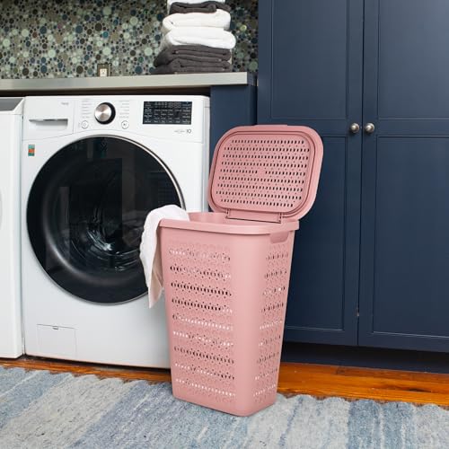 Mind Reader Slim Tapered Laundry Hampers with Lid, Clothes Basket with Swiss Cross Cut-Outs, Lightweight & Ventilated, Plastic, Set of 2, Pink - color: Pink