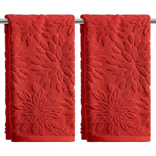 Artoid Mode 2 Pcs Red 3D Dahlia Floral Jacquard Hand Towels for Bathroom, 100% Cotton Soft Absorbent Bathroom Decor Towels, 13.7 x 29.5 Inch - color: Red, size: 13.7" x 29.5", 2PCS