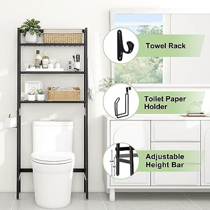 MallKing Over-The-Toilet Storage Rack, Wooden 3-Tier Over-The-Toilet Storage Rack Bathroom Space Saver Organizer, Freestanding Above Toilet with Toilet Paper Holder and Hooks (Black)