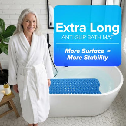 SlipX Solutions 39x16 Extra Long Non Slip Bath Mat, Tub & Shower, Blue | Anti Slip Mat for Elderly & Kids Bathroom, 30% More Coverage, 200 Suction Cups, Hundreds of Drain Holes - color: Blue