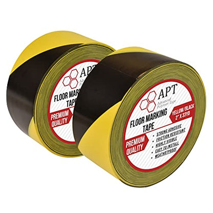 APT Premium Durable Black & Yellow Striped Safety Marking Tape (2 Rolls of 2" x 99Ft (33 Yds)) Hazard Caution& Warning, Social Distancing, Warehouse & Gym Floor - color: Yellow / Black, size: 2 Inch, 2 Rolls