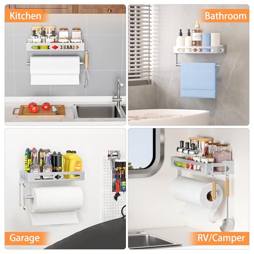 Wall Mount Paper Towel Holder with Shelf for Bathroom Kitchen,Silver 2Hooks | Metal Spice Rack, Easy One-Hand Tear Design Mounted Hanging Hand Paper Towel Roll Holder for RV, Home(Self Adhesive or Drill) - color: Silver