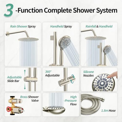SR SUN RISE Shower System: 10 Inch Rainfall Shower Head with Handheld Combo Set - Slide Bar Bathroom Shower Faucet Set Wall Mounted (Valve and Trim Kit Included) - Brushed Nickel - color: Brushed Nickel