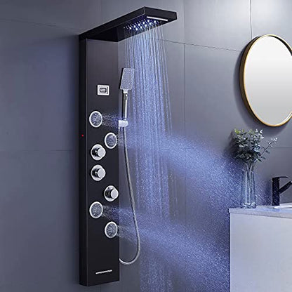 6-in-1 LED Shower Panel Tower System Stainless Steel Black | Rainfall + waterfall | 4 body jets | Handheld shower | Tub spout | LED display | Wall mount - color: Black