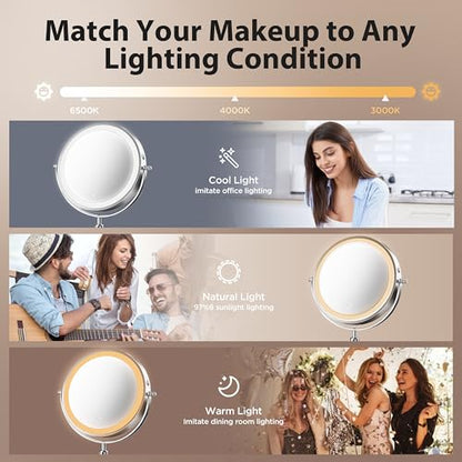 Double-Sided Makeup Mirror with Light, 1X/30X, 3 Colors, 3200mAh | 360° Rotating Mirror with Adjustable Brightness for Makeup, Skincare, and Vanity Use