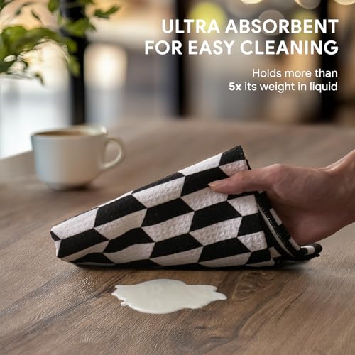 RECYCO Waffle Kitchen Towel Set of 2 - Quick Dry Microfiber Sustainable Dish Towels - Ultra Absorbent Reusable Cleaning Tea Towels - Lightweight Hand Towels,16”x 28”, Black & White Mirage - color: Black & White Mirage